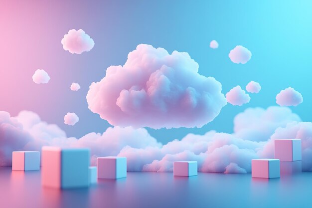 Photo cloudscape with neon lighting and geometric shapes