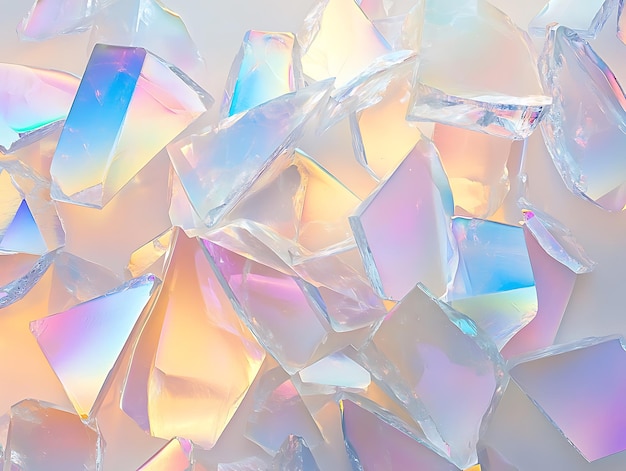 Photo a cluster of reflective crystal shapes in soft pastel hues of pink blue and orange creating a luminous effect