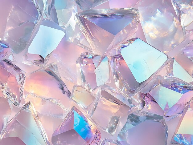 Photo a cluster of reflective crystal shapes in soft pastel hues of pink blue and orange creating a luminous effect