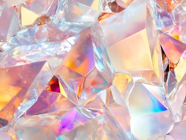 Photo a cluster of reflective crystal shapes in soft pastel hues of pink blue and orange creating a luminous effect