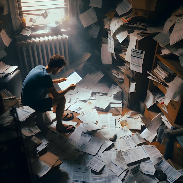 In a cluttered apartment a person sifts through bills and eviction notices amidst the stifling hea