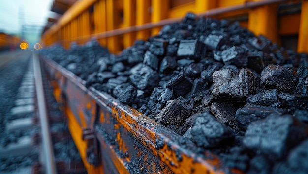 Photo coal stacked in a freight train car a freight train car filled with coal rests at a loading facility during twilight showcasing a mixture of industry and nature