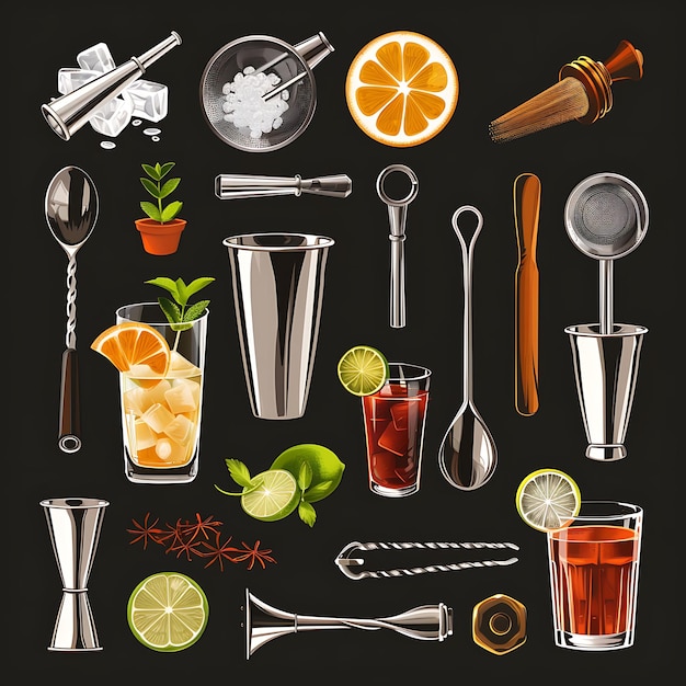 Photo cocktail bar tools and ingredients illustration