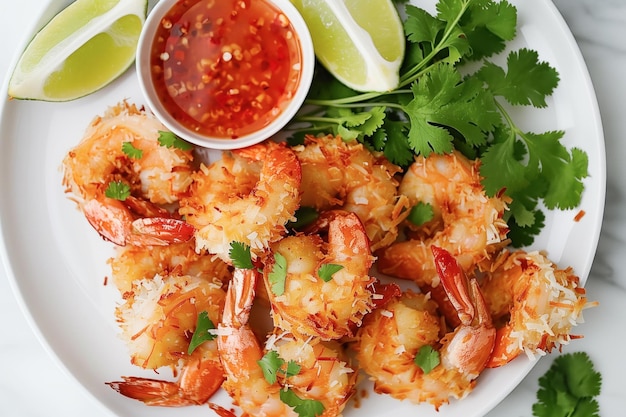 Photo coconut shrimp paired with lime and sweet chili sauce