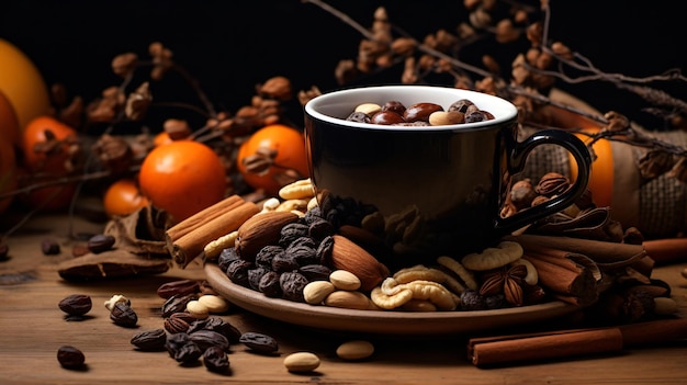 Coffee cup with different nuts and beads