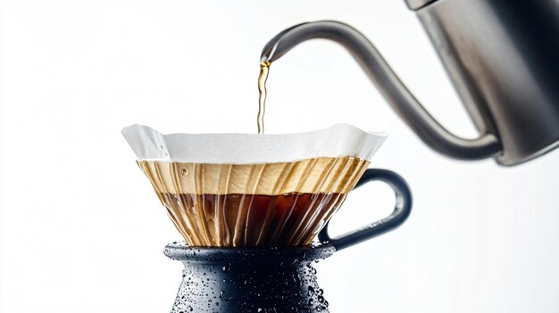 Photo coffee drip concept pouring hot water from kettle