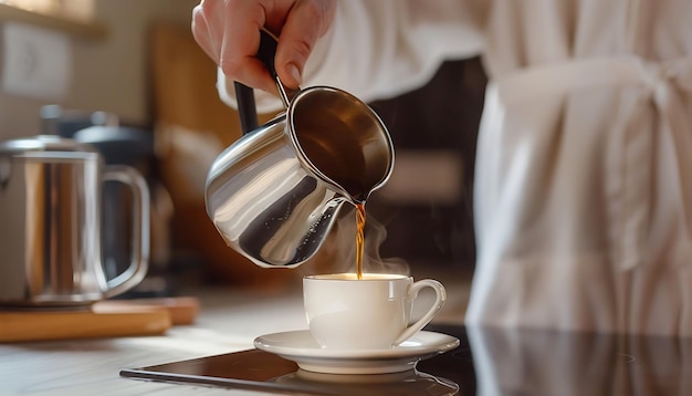 Photo coffee pouring from a kettle into a cup on a table