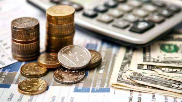 Photo coins and calculator on stock market paper