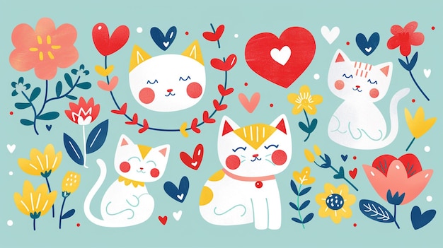 Photo a collage of cats and hearts with a red heart and a blue background