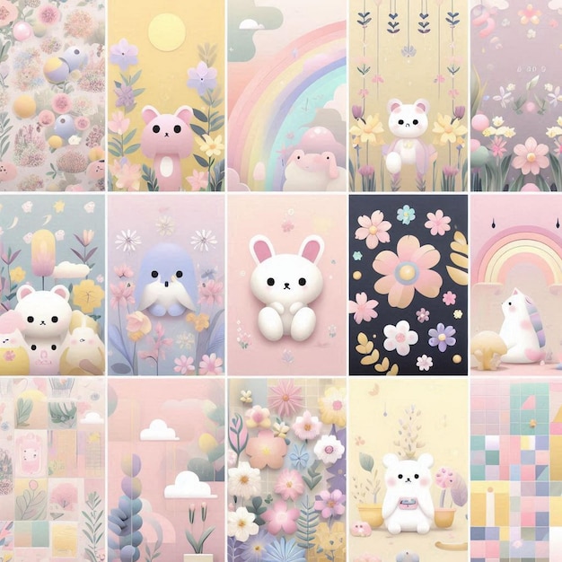 Photo a collage of pictures with bunny and rainbows