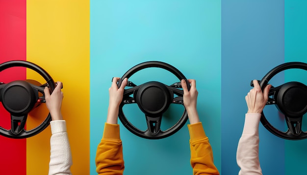 Collage with hands holding steering wheels on color background