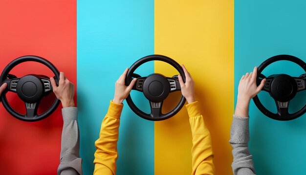 Collage with hands holding steering wheels on color background