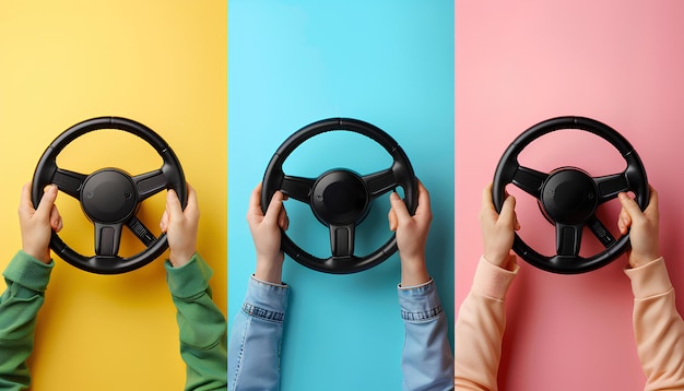 Collage with hands holding steering wheels on color background