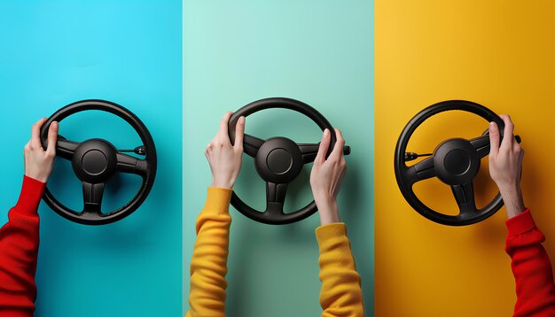 Collage with hands holding steering wheels on color background