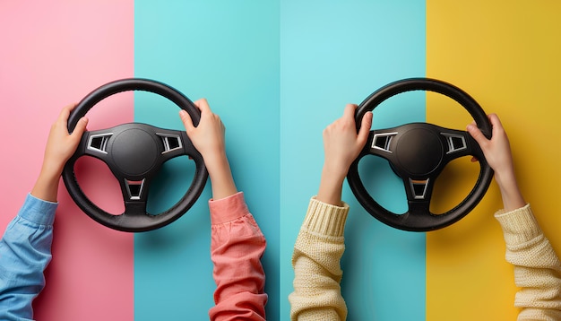 Collage with hands holding steering wheels on color background