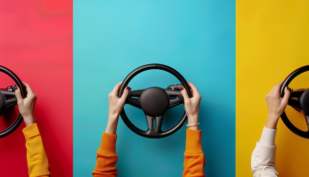 Collage with hands holding steering wheels on color background