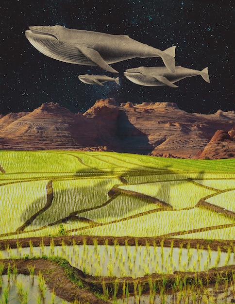 Collage with whales and stars