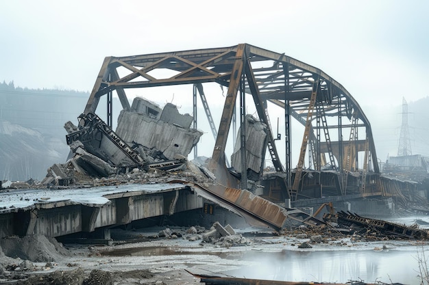 Collapsed bridge in misty environment