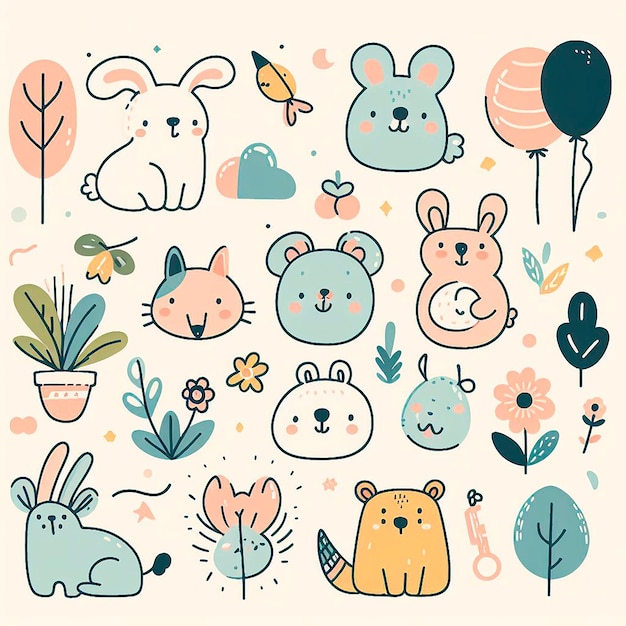 a collection of cartoon animals including bunny cactus flowers and plants