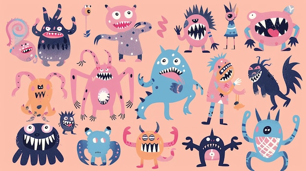 Photo a collection of cartoon monsters with various colors and features