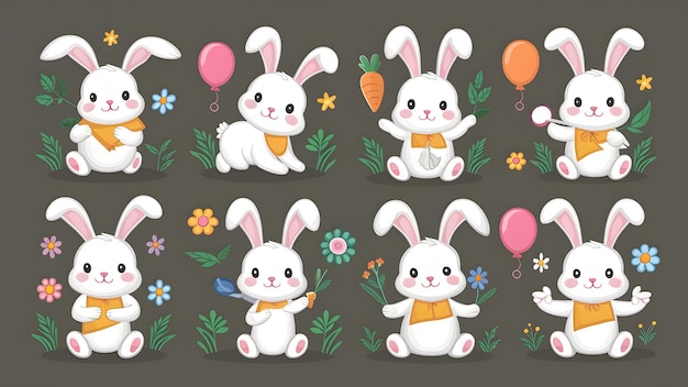 Photo a collection of cartoon rabbits with flowers and the words  bunny  on the top