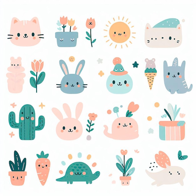 a collection of cute cartoon animals including cactus cactus cactus and flowers