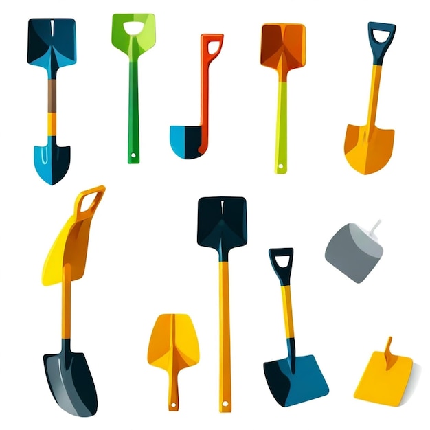 Photo a collection of different types of shovels one with the word  j  on it