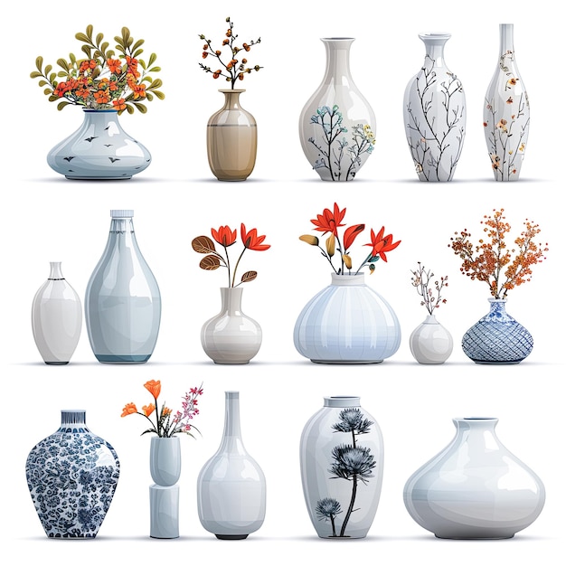 Photo collection of empty decorative ceramic vases with different shapes sizes colors and floral decorations for home decor and interior design isolated on white background