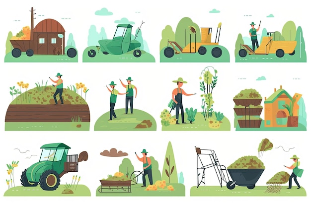 Photo collection of illustrations on the theme of agriculture farm harvesting and watering