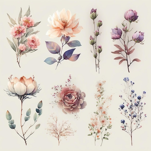 Photo collection of pretty delicate watercolor flowers each flower is a different type generative ai