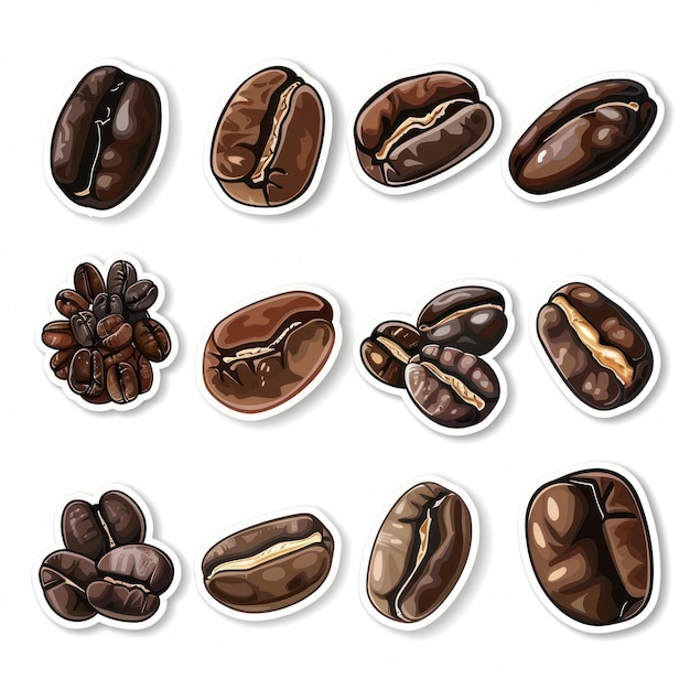 Photo collection sticker of coffee seeds white background vector illustration