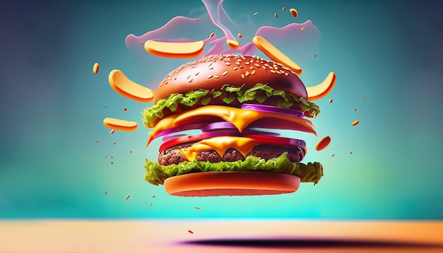 Colorful backdrop intensifies AIvisualized unhealthy burger's message