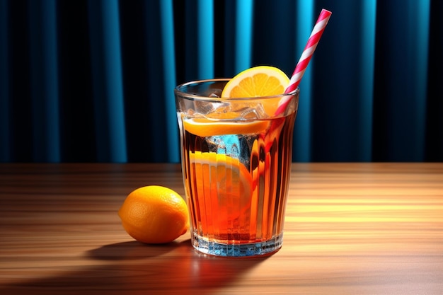 Photo a colorful beverage with a blue and orange striped straw