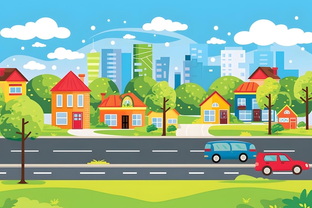 Photo colorful cartoon cityscape with suburban homes and cars