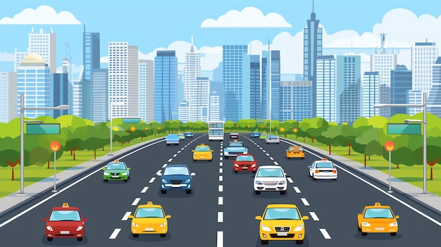 Photo a colorful cartoon illustration of cars driving on a highway through a city