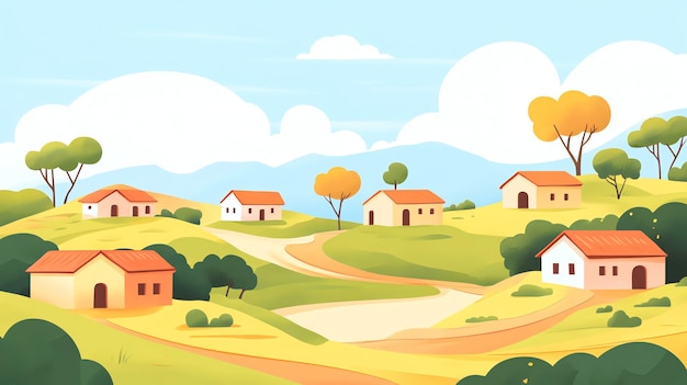 Photo colorful cartoon illustration of a peaceful village nestled in rolling hills