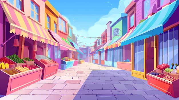 A colorful cartoon illustration of a street with shops