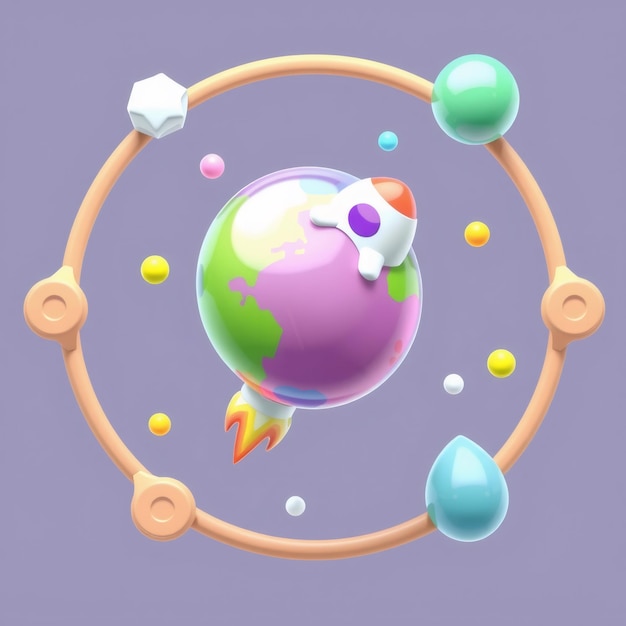 Photo a colorful cartoon planet with a rocket attached and surrounded by an orbit of spheres