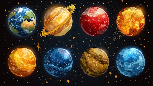 Photo colorful cartoon planets isolated objects with a space background