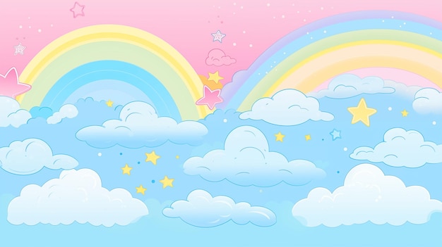 Colorful Cartoon Rainbow with Clouds and Stars in a Dreamy Pastel Sky