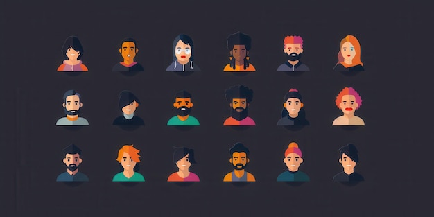 Foto una collezione colorata di diversi avatar di personaggi che rappresentano varie culture e stili perfetti per progetti digitali