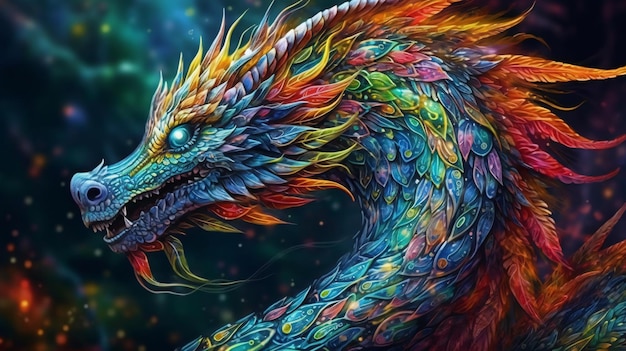 A colorful dragon with a blue eye and a blue eye.