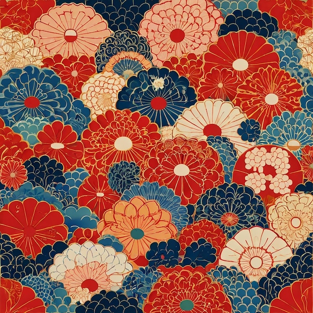 a colorful floral pattern with a red and blue flower