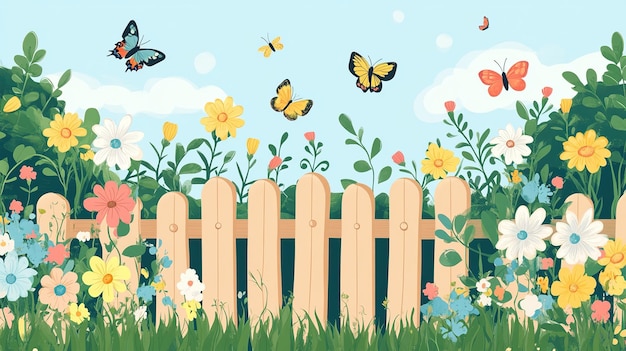 Photo colorful flowers and butterflies over wooden fence