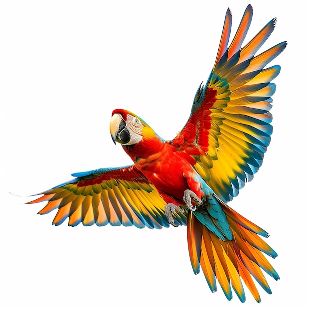 Colorful flying Catalina Macaw parrot isolated on white background with clipping path