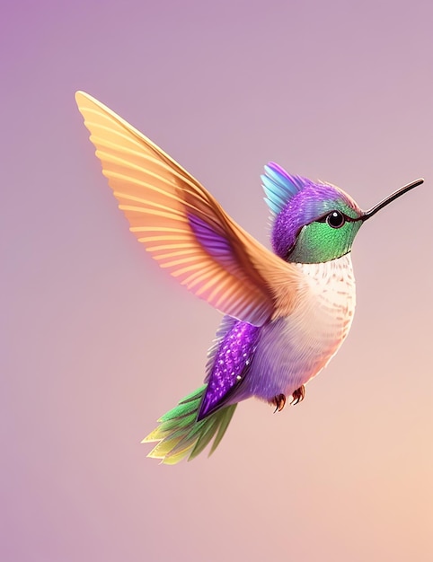 A colorful flying hummingbird with a colorful background