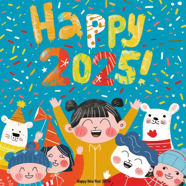 Photo colorful happy new year 2025 with kids