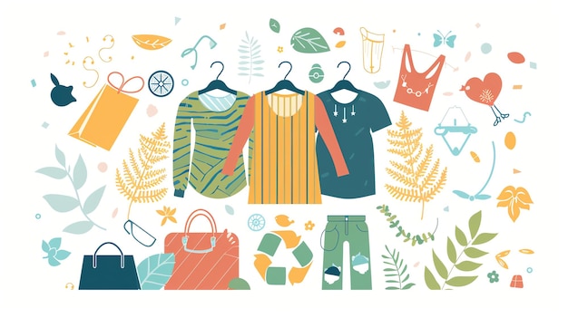 Photo colorful illustration of clothes accessories and nature elements