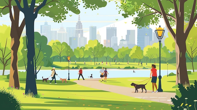 Photo a colorful illustration of people walking dogs and enjoying a park with a city skyline in the distance