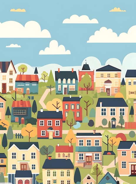 Photo colorful illustration of a small town with houses and trees